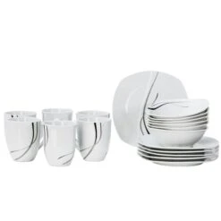 Frühstücksset Palazzo 18tlg. - 6 Teller, 6 Müslischalen Und 6 Becher Aus Weißem Porzellan Mit Dekor-Kreisen In Grau Und Dunkelrot - Für 6 Personen -Besteckladen 027b938e 3376 4674 b34b 3fe7585ee535