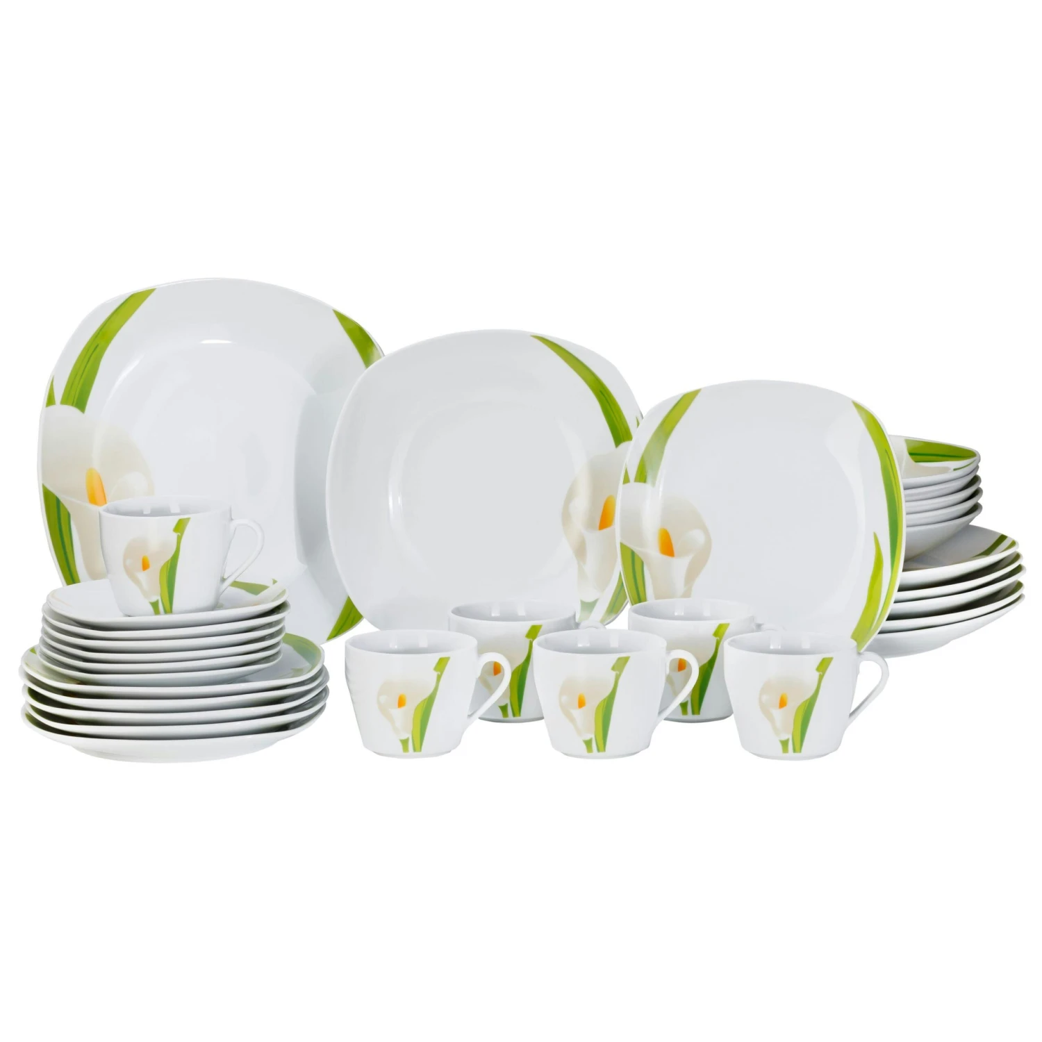 Kombiservice Calla 30-teilig Eckig Porzellan Für 6 Personen Weiß Mit Blumendekor 1 Kombiservice Calla 30-teilig Eckig Porzellan Für 6 Personen Weiß Mit Blumendekor