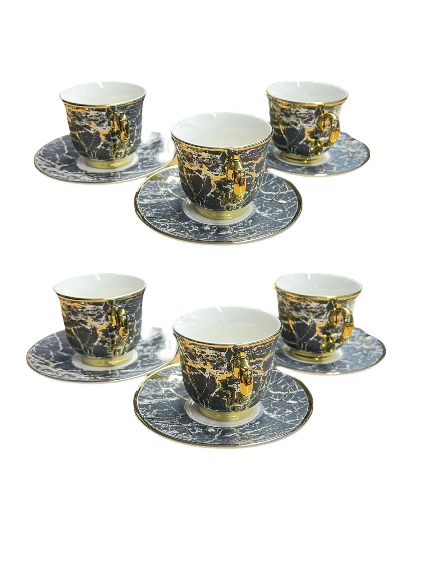 12-Teiliges Kaffeeset Aus Porzellan Mit Untertassen Kaffeebecher Tasse Grau Mit Gold Umrandung Espressotasse 3 12-Teiliges Kaffeeset Aus Porzellan Mit Untertassen Kaffeebecher Tasse Grau Mit Gold Umrandung Espressotasse – Bild 3