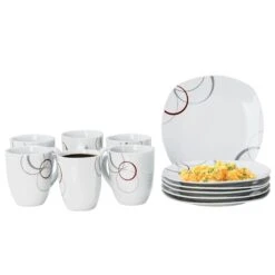 Kombiservice Palazzo 62tlg. - Weißes Porzellan Mit Kreise- Dekor In Grau Und Dunkelrot - Für 6 Personen -Besteckladen 5ca87a44 88d0 44ac 9770 22ca2bd8cf09 1