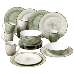 24tlg. Kombiservice Pur Für 6 Personen Porzellan Rund Grün / Grau