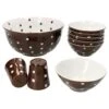 9tlg Set 6x Müslischale + Salatschüsel 24cm + Salz & Pfeffer Braun Weiß Gepunktet