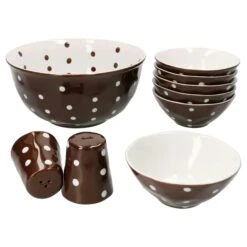 9tlg Set 6x Müslischale + Salatschüsel 24cm + Salz & Pfeffer Braun Weiß Gepunktet