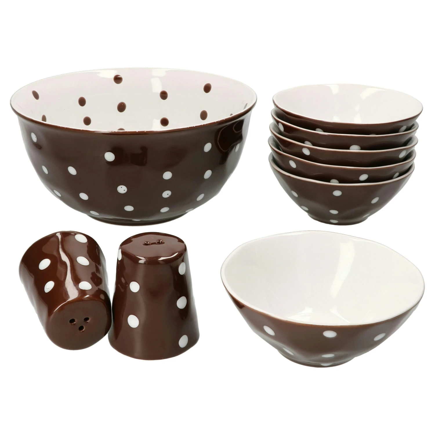 7tlg Set 6x Müslischale + Salatschüsel 24cm Braun Weiß Gepunktet 2 7tlg Set 6x Müslischale + Salatschüsel 24cm Braun Weiß Gepunktet – Bild 2