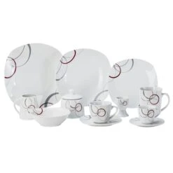 Frühstücksset Palazzo 18tlg. - 6 Teller, 6 Müslischalen Und 6 Becher Aus Weißem Porzellan Mit Dekor-Kreisen In Grau Und Dunkelrot - Für 6 Personen -Besteckladen 7dc29c8d 94ab 4d6a 8489 e3b98597aacf