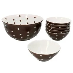 7tlg Set 6x Müslischale + Salatschüsel 24cm Braun Weiß Gepunktet