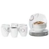Frühstücksset Palazzo 18tlg. - 6 Teller, 6 Müslischalen Und 6 Becher Aus Weißem Porzellan Mit Dekor-Kreisen In Grau Und Dunkelrot - Für 6 Personen