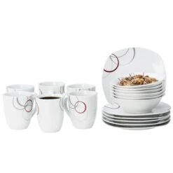 Frühstücksset Palazzo 18tlg. - 6 Teller, 6 Müslischalen Und 6 Becher Aus Weißem Porzellan Mit Dekor-Kreisen In Grau Und Dunkelrot - Für 6 Personen