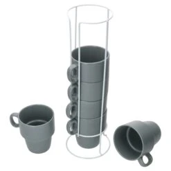 6er Set Kaffeebecher Mit Ständer Stata 250ml Grau Tasse Henkel Porzellan Stapelbar